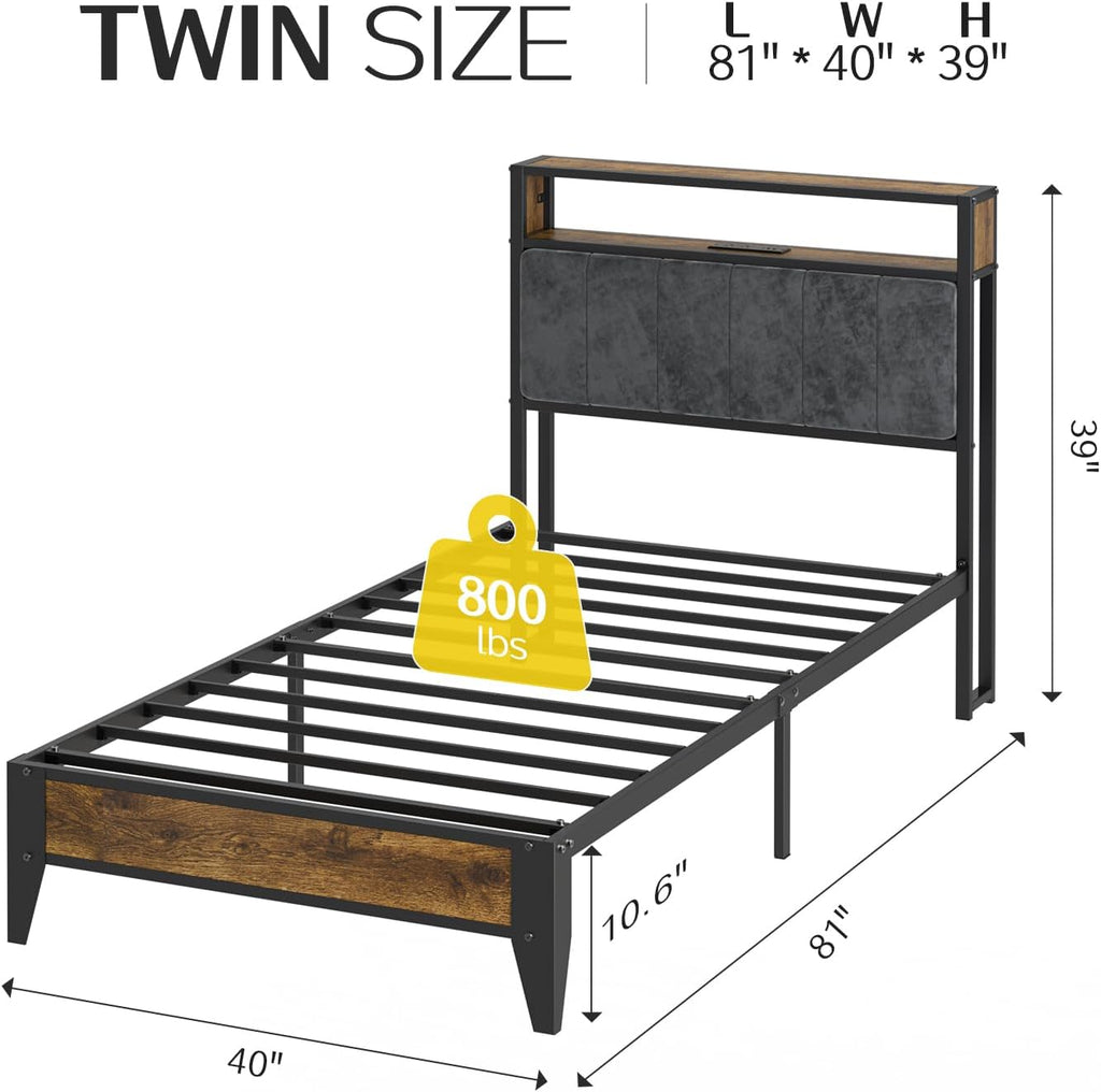OLEVS Single Bed Frame LED Light Storage Headboard Charging Station Metal Platform Bed wourant