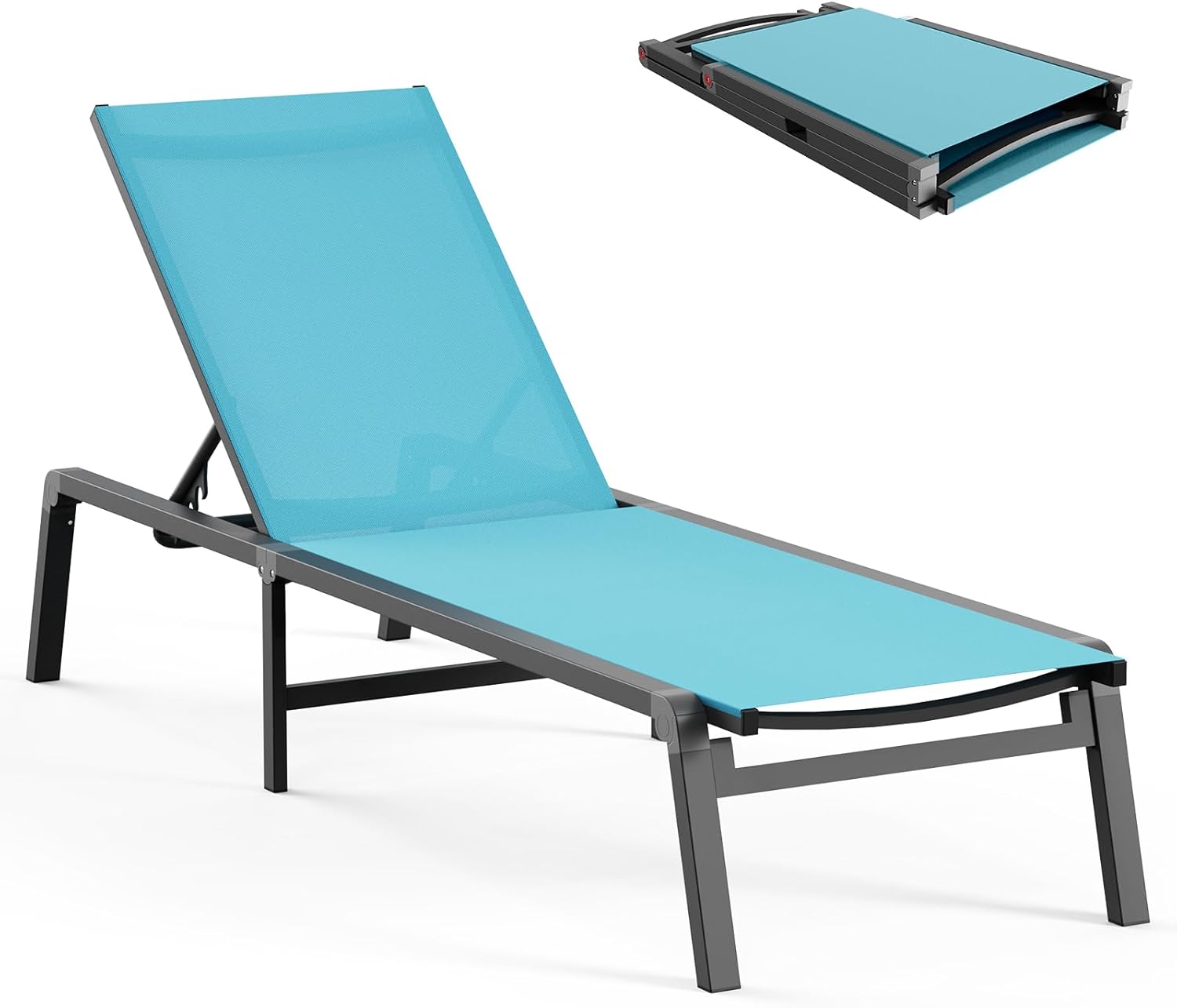 Aluminum Chaise Lounge Ourdoor - Foldable & Assemble Free Outdoor Lounge Chair with 5 Adjustable Backrest, Patio Lounge Chair for Outside Poolside Beach Pool, Black wourant