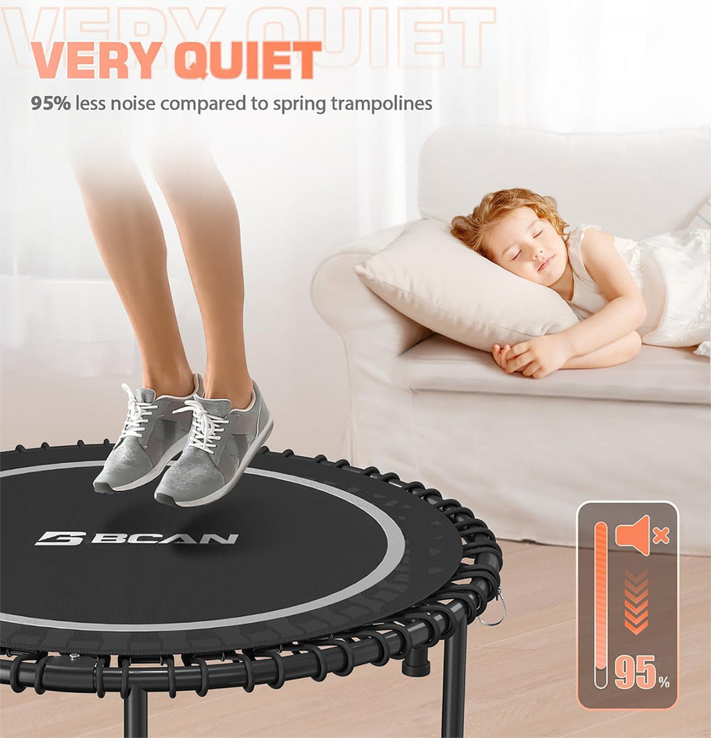 BCAN 450/550 LBS Foldable Mini Trampoline, 40"/48" Fitness Trampoline with Bungees, U Shape Adjustable Foam Handle, Stable & Quiet Exercise Rebounder for Adults Indoor/Outdoor Workout wourant