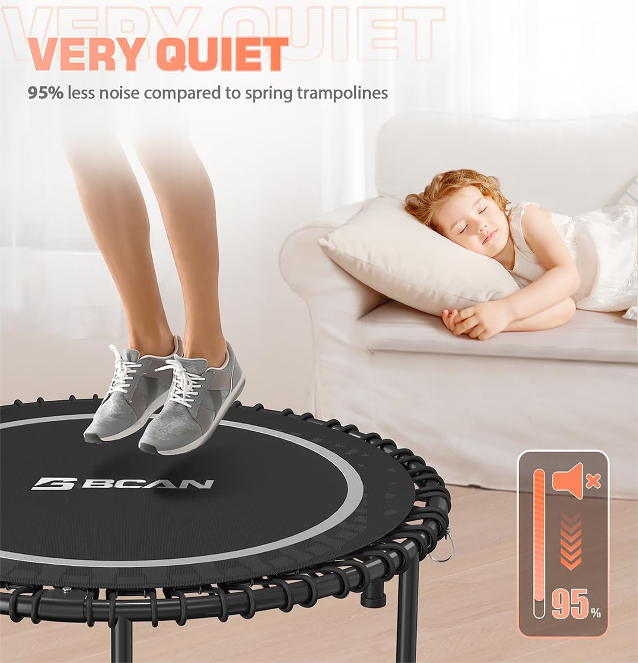 BCAN 450/550 LBS Foldable Mini Trampoline, 40"/48" Fitness Trampoline with Bungees, U Shape Adjustable Foam Handle, Stable & Quiet Exercise Rebounder for Adults Indoor/Outdoor Workout wourant