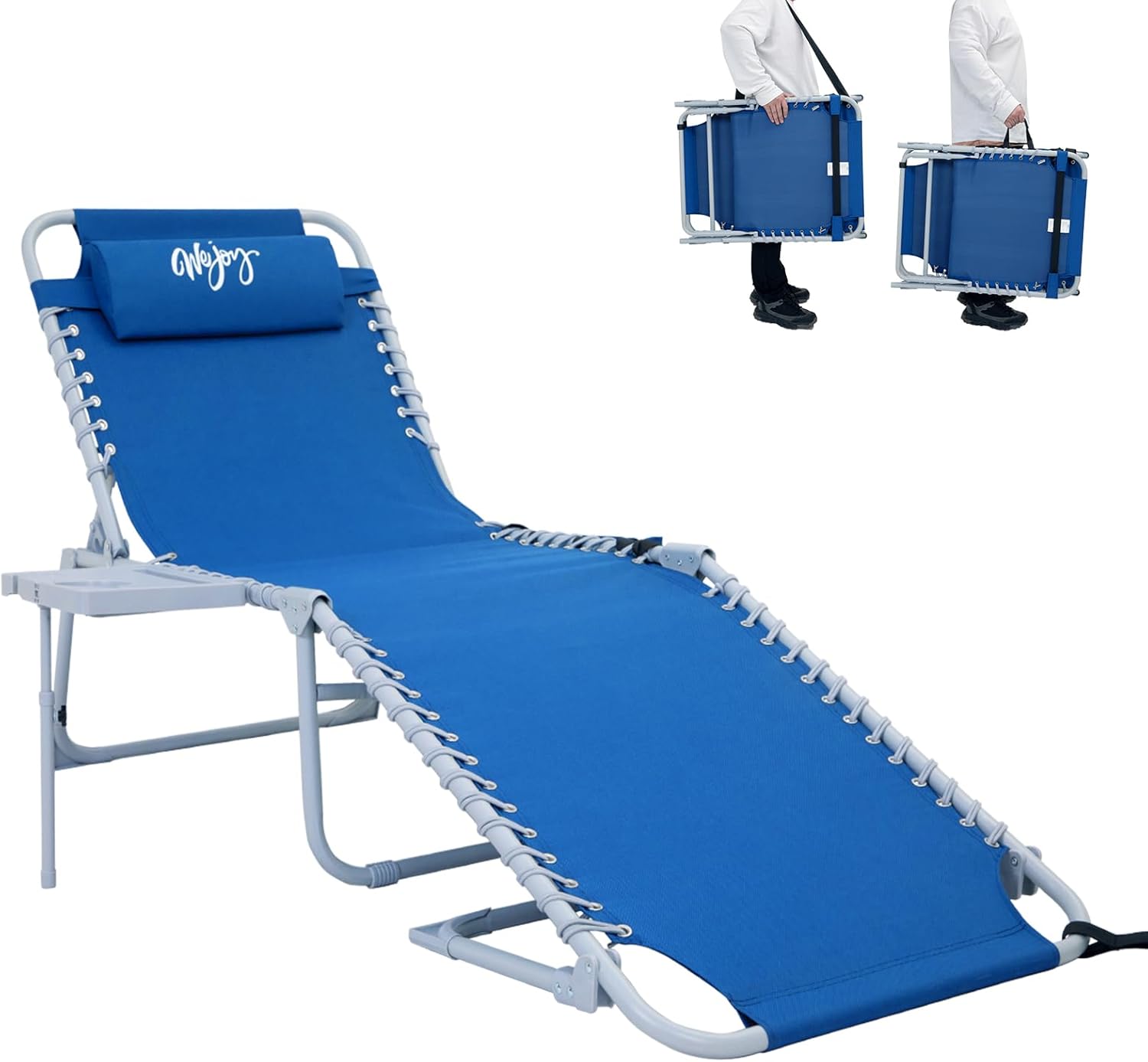 2 Pack Outdoor Chaise Lounge Chair - Portable Folding Patio Pool Lounge Chair, 5 Positions Adjustable Reclining Camping Chair with Side Table,Shoulder Strap, Pillow for Beach Sunbathing Lawn wourant