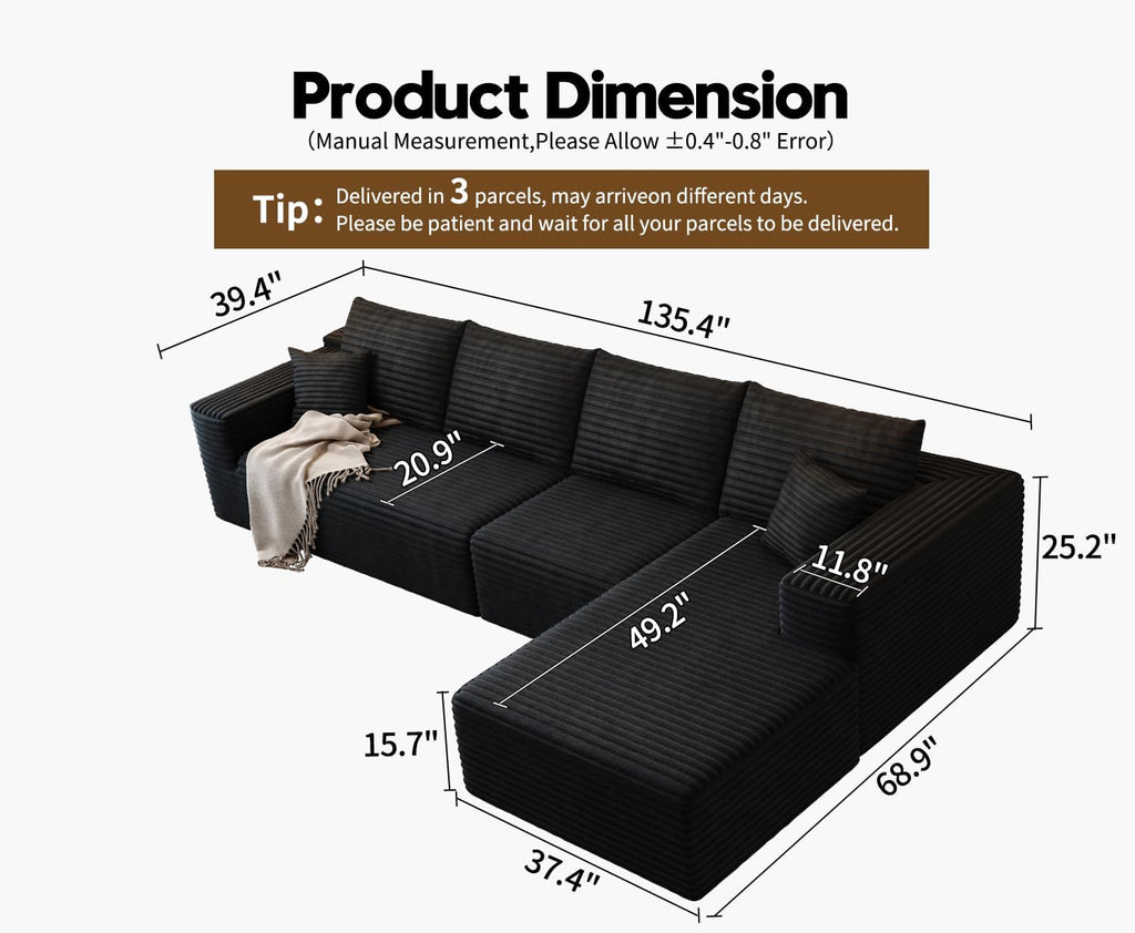 107.5" Cloud Modular Sectional Sofa Couch with L-Shape Chaise,Modern Minimalist Upholstered Couches wourant