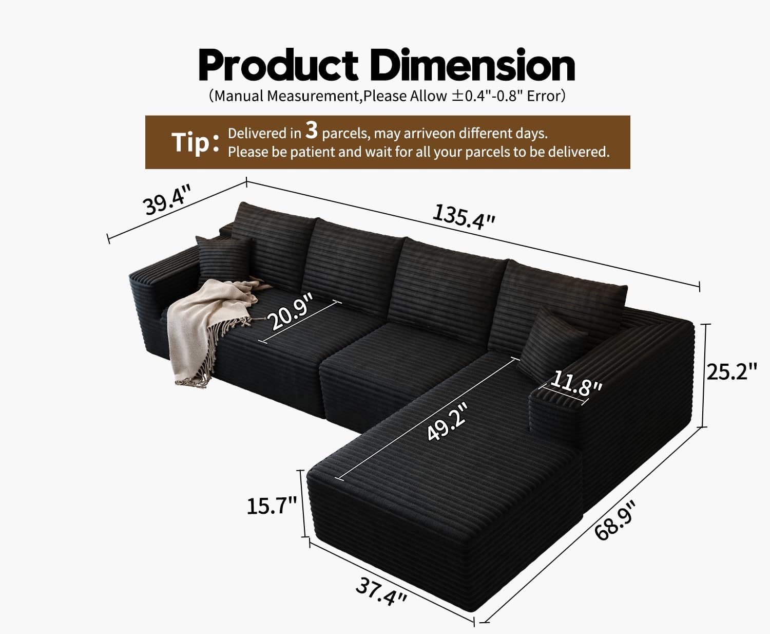 107.5" Cloud Modular Sectional Sofa Couch with L-Shape Chaise,Modern Minimalist Upholstered Couches wourant
