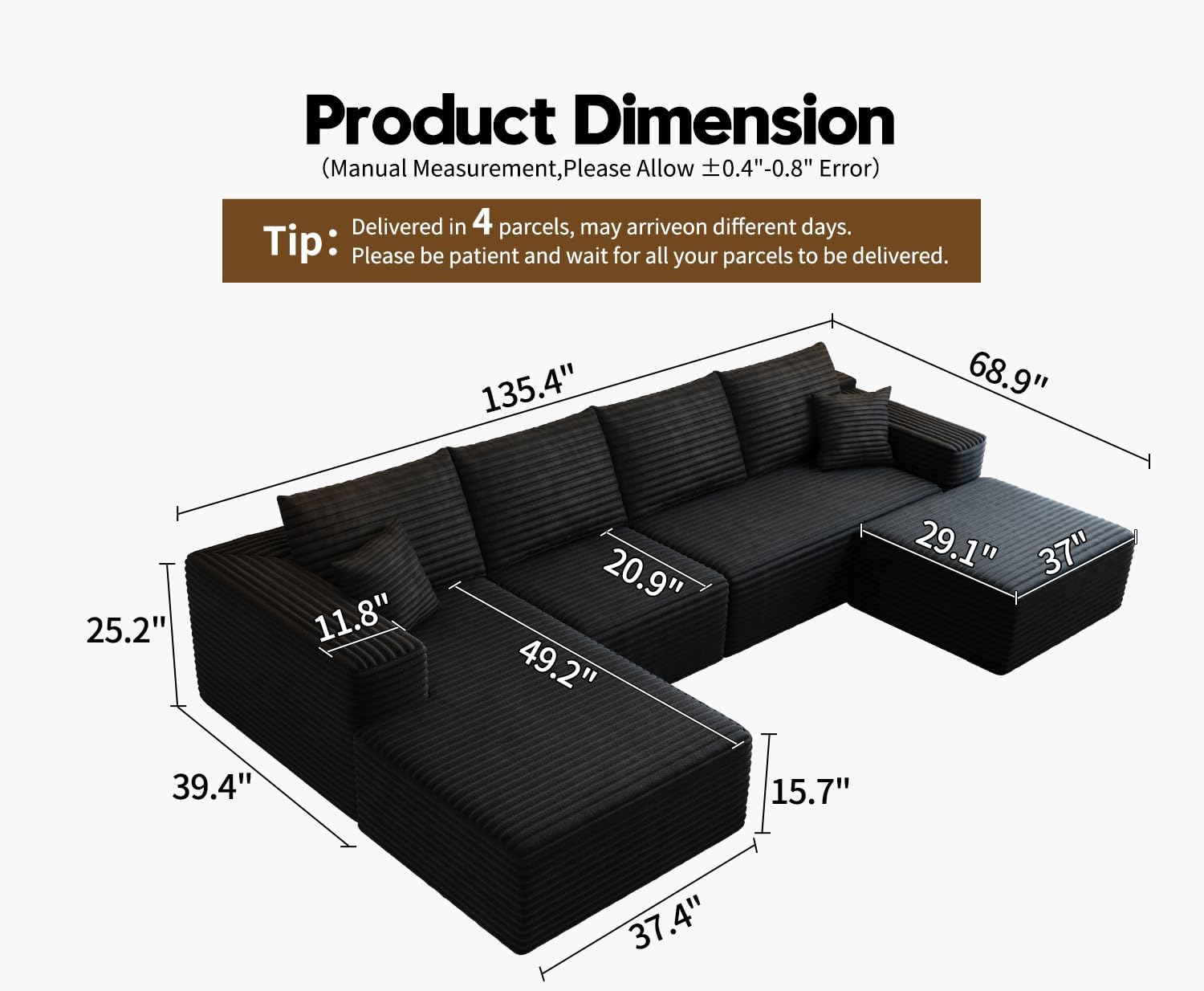 107.5 inch Cloud Modular Sectional Sofa with L-Shaped Chaise Lounge, Modern Minimalist Upholstered Sofa Deep Seating Corner Sofa wourant