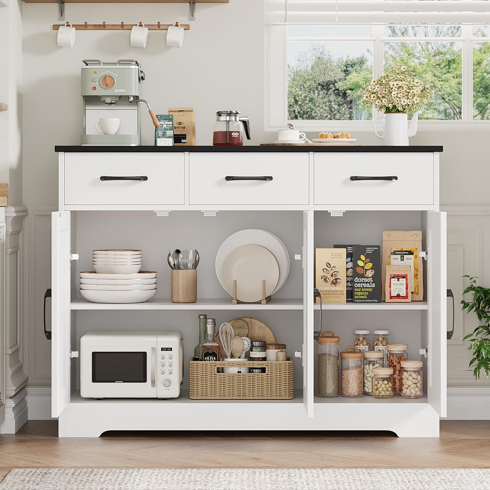 Modern farmhouse sideboard, barn door buffet storage cabinet with drawers and shelves, wooden coffee bar with storage wourant