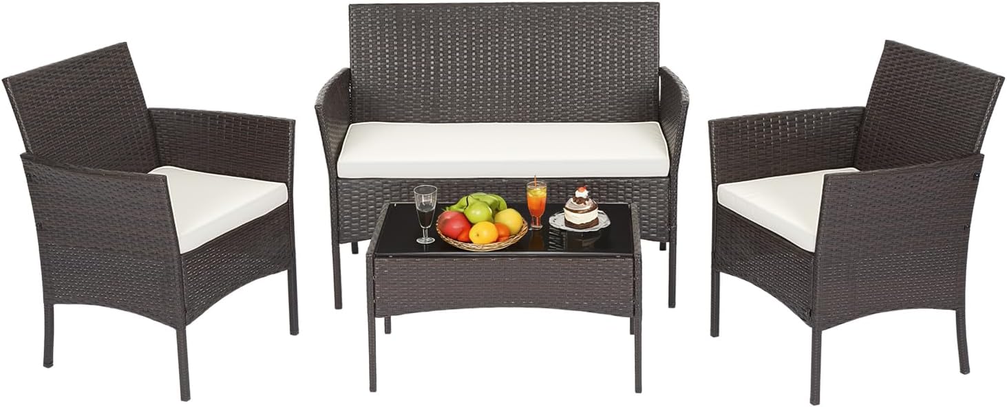 FDW | 4-Piece Patio Furniture Set | Black | Outdoor Wicker Furniture with Coffee Table | Modern Rattan Chairs Conversation Set | Outdoor Seating | Weather-Resistant | for Porch, Garden, Lawn woonhhop