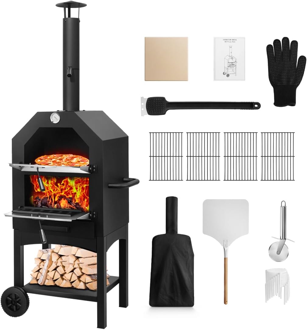 EDOSTORY Outdoor Pizza Oven, Wood Fired for Outside, Patio Maker With Stone, Peel, Grill Rack, and Waterproof Cover for Backyard Camping wourant