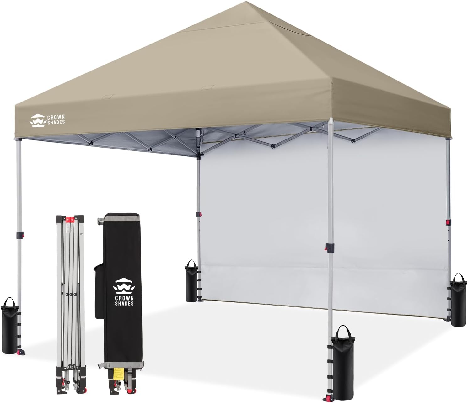 CROWN SHADES 10x10 Pop Up Canopy with 1 Side Wall - Beach Tent with One Push Setup - Outdoor Sun Shade for Events, Parties, Camping - Gazebo with STO-N-Go Cover Bag (White) woonhhop
