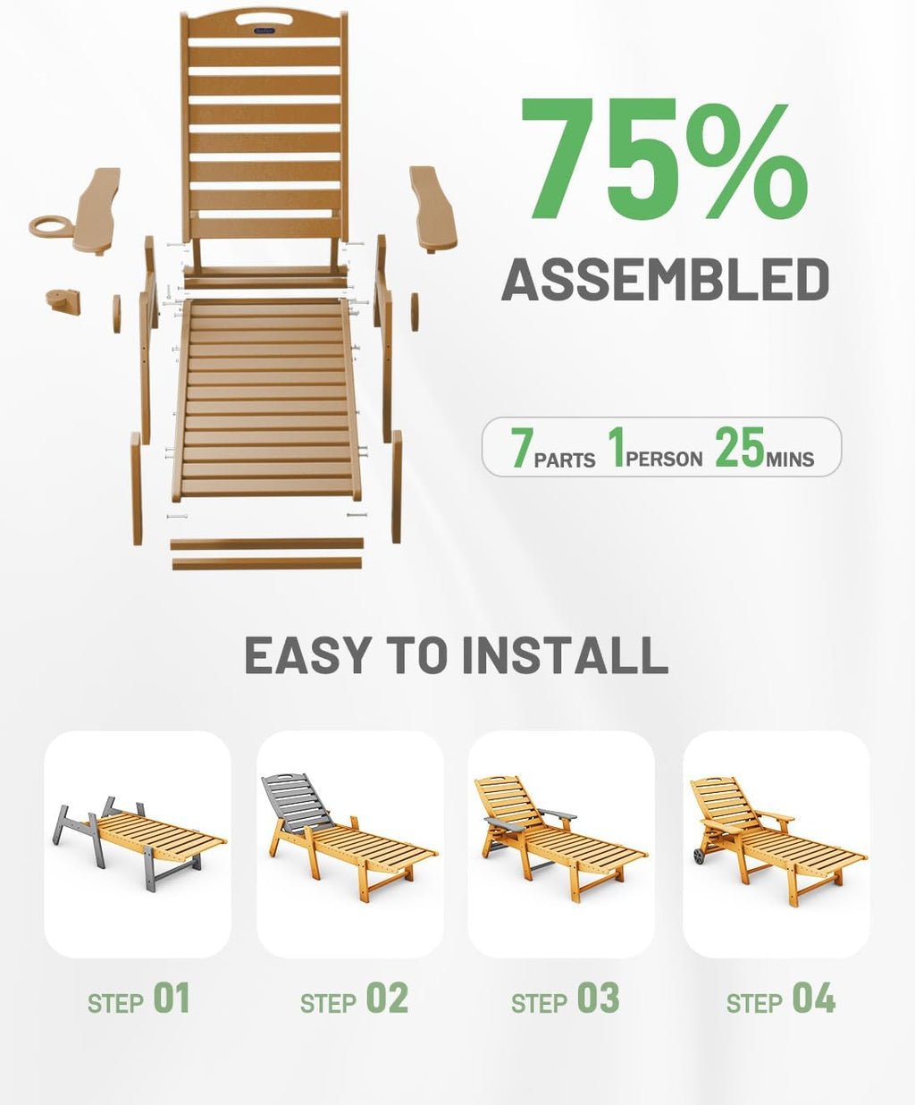 Lounge Chair Outdoor, Chaise Lounge, HDPE 6-Position Outdoor Chaise Lounge, Patio Lounge Chair with Wheels & Cup Holder for Pool Poolside Deck Backyard, Teak wourant