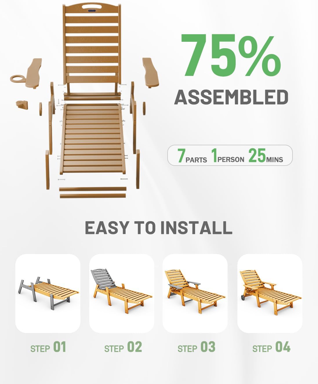 Lounge Chair Outdoor, Chaise Lounge, HDPE 6-Position Outdoor Chaise Lounge, Patio Lounge Chair with Wheels & Cup Holder for Pool Poolside Deck Backyard, Teak wourant