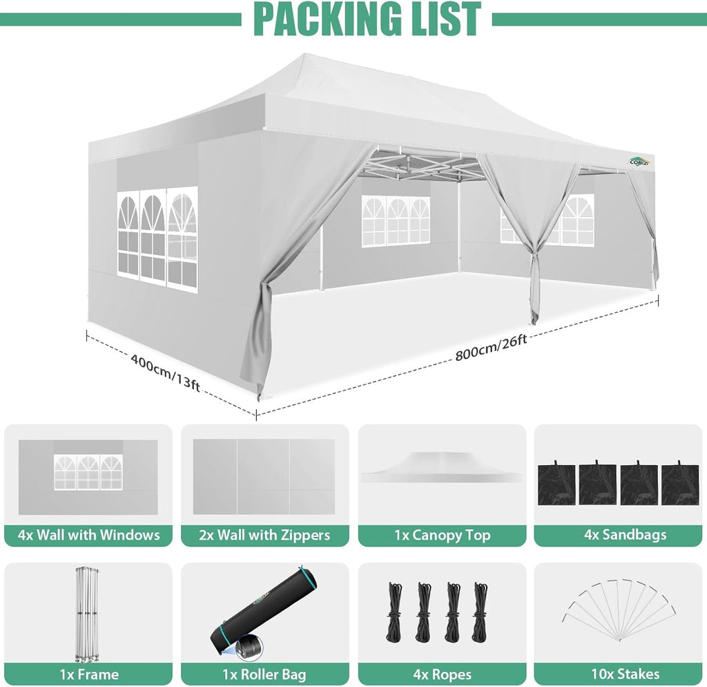 COBIZI 10x20 Heavy Duty Pop up Canopy Tent with 6 sidewalls Easy Up Commercial Outdoor Canopy Wedding Party Tents for Parties All Season Wind & Waterproof Gazebo with Roller Bag,Black(Frame Thickened) wourant