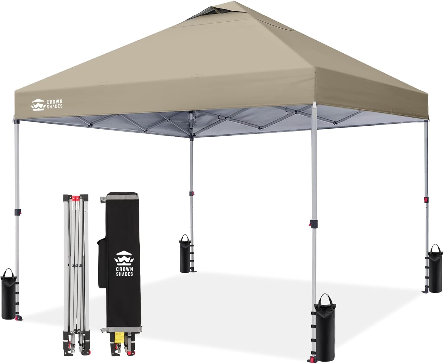 Crown Shades 10x10 Pop Up Canopy - Beach Tent with One Push Setup - Outdoor Sun Shade for Events, Parties, Camping - Gazebo with STO-N-Go Cover Bag, Silver Coated Top, 3 Height& 4 Sand Bags, Yellow woonhhop
