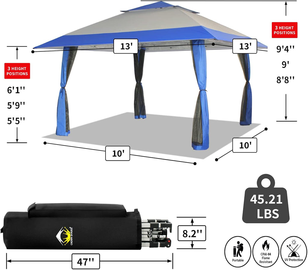 CROWN SHADES 13x13 Pop Up Gazebo, Canopy Tent, Gazebos on Clearance - Outdoor Gazebo for Backyard & Patio Furniture - Carpa Pop Up Tent with Wheeled STO-N-Go Cover Bag (White) wourant