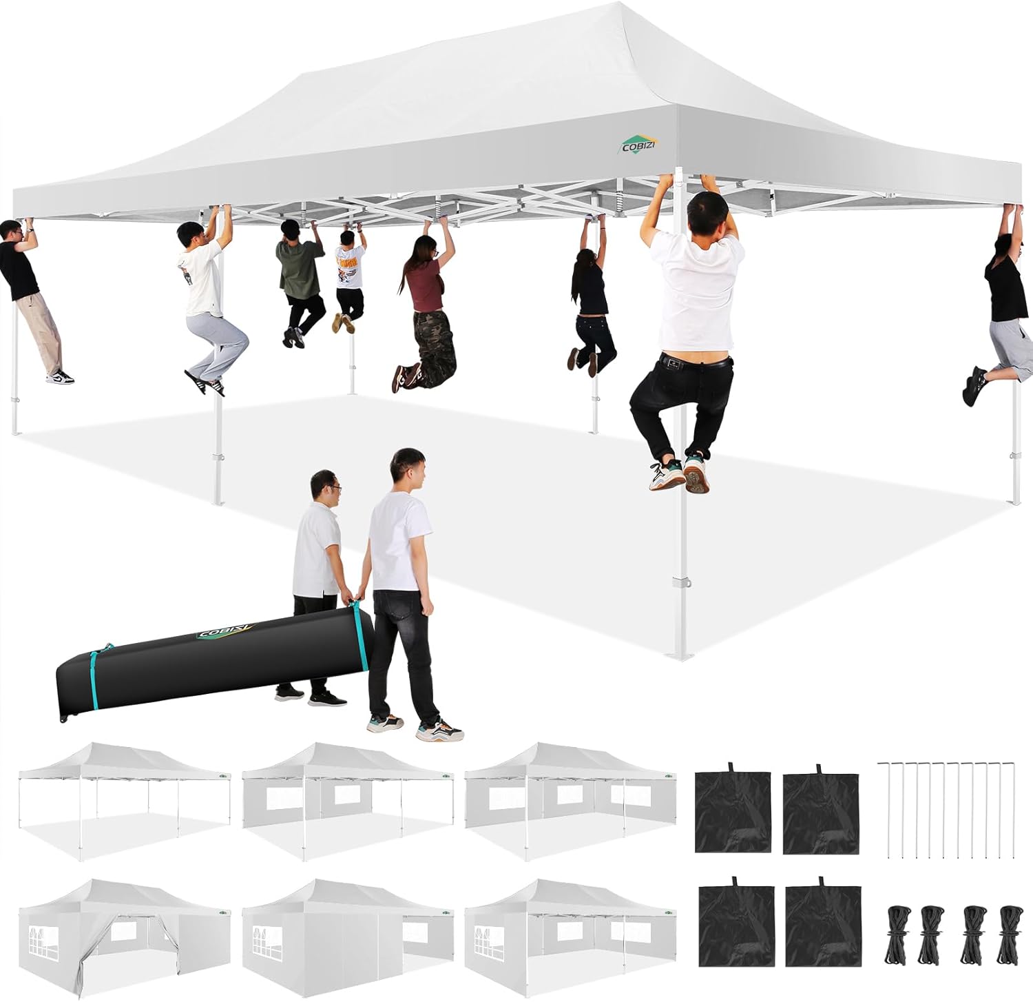 COBIZI 10x20 Heavy Duty Pop up Canopy Tent with 6 sidewalls Easy Up Commercial Outdoor Canopy Wedding Party Tents for Parties All Season Wind & Waterproof Gazebo with Roller Bag,Black(Frame Thickened) wourant