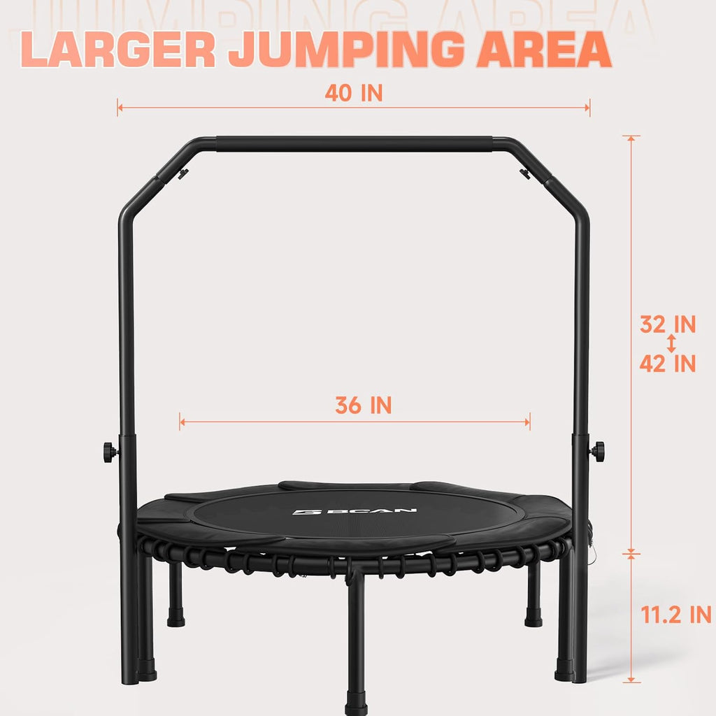 BCAN 450/550 LBS Foldable Mini Trampoline, 40"/48" Fitness Trampoline with Bungees, U Shape Adjustable Foam Handle, Stable & Quiet Exercise Rebounder for Adults Indoor/Outdoor Workout wourant
