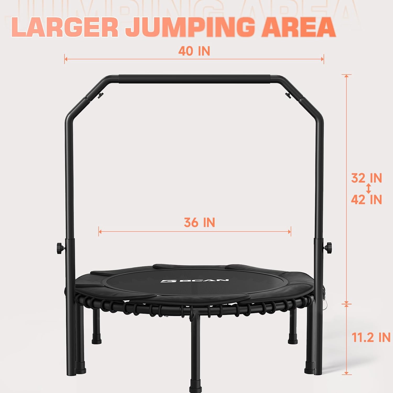 BCAN 450/550 LBS Foldable Mini Trampoline, 40"/48" Fitness Trampoline with Bungees, U Shape Adjustable Foam Handle, Stable & Quiet Exercise Rebounder for Adults Indoor/Outdoor Workout wourant