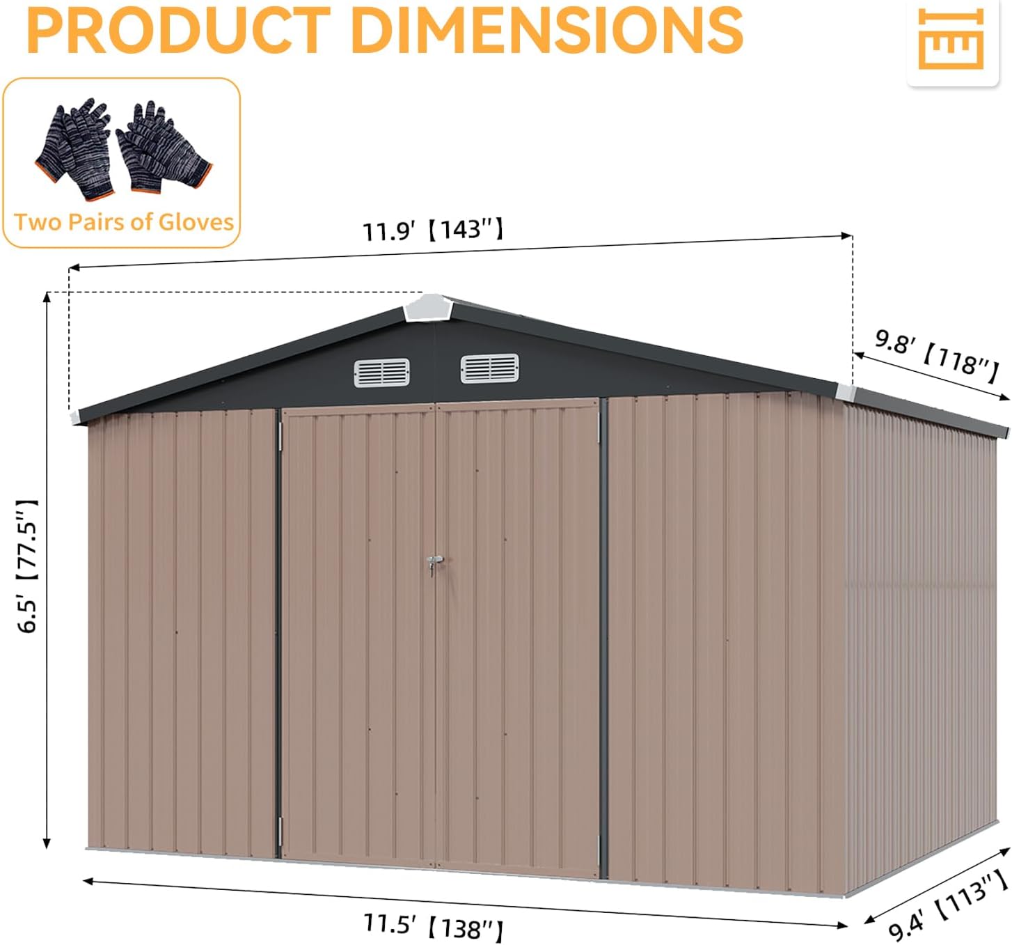 Aoxun 12x10 FT Shed Metal Outdoor Waterproof Storage Shed Steel Utility Garden Tool Shed with Door & Lock Outdoor Storage for Garden Patio Lawn Poolside, Brown wourant