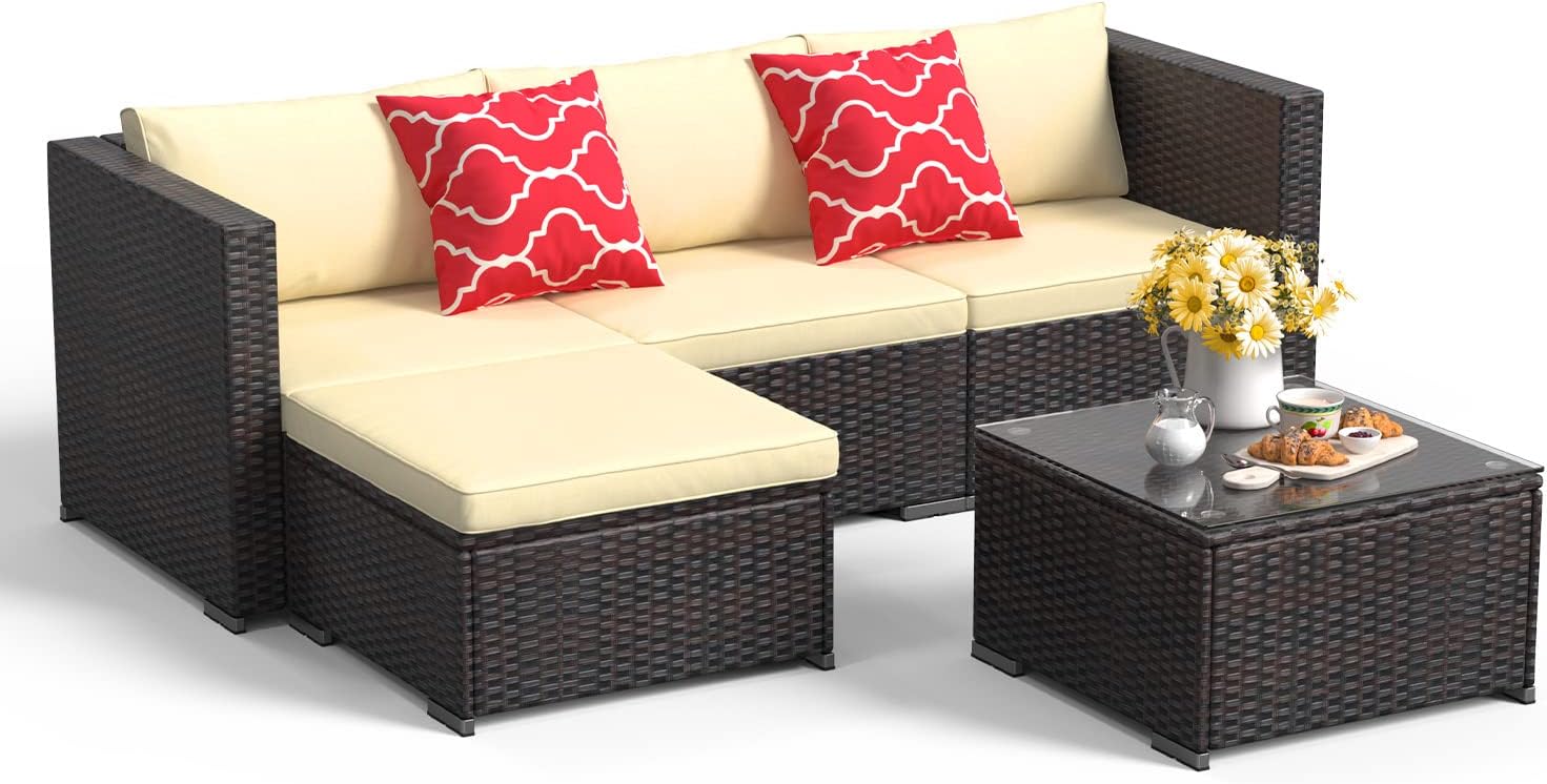 Aiho 5 Pieces Patio Furniture Set All-Weather Outdoor Wicker Sectional Patio Furniture with Cushion and Glass Table (Grey) woonhhop