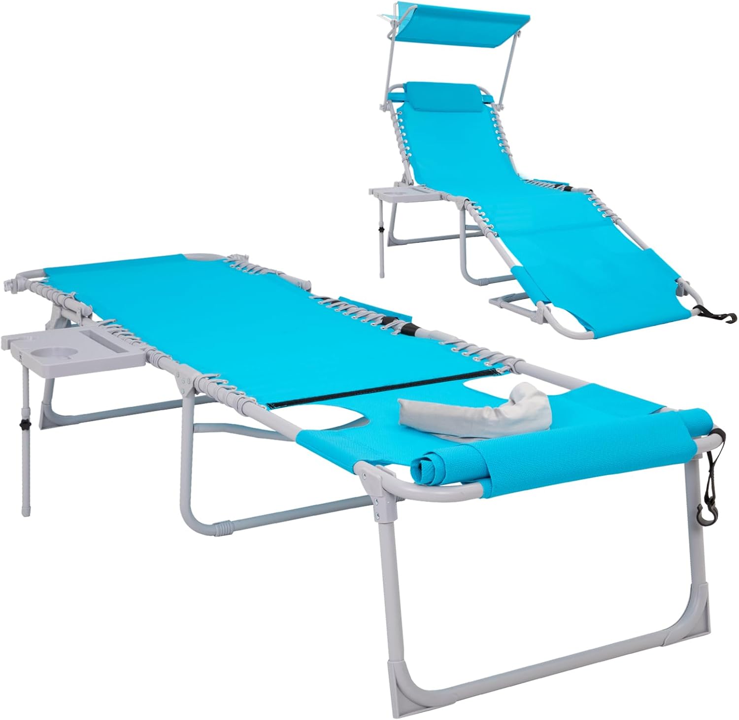2 Pack Outdoor Chaise Lounge Chair - Portable Folding Patio Pool Lounge Chair, 5 Positions Adjustable Reclining Camping Chair with Side Table,Shoulder Strap, Pillow for Beach Sunbathing Lawn wourant
