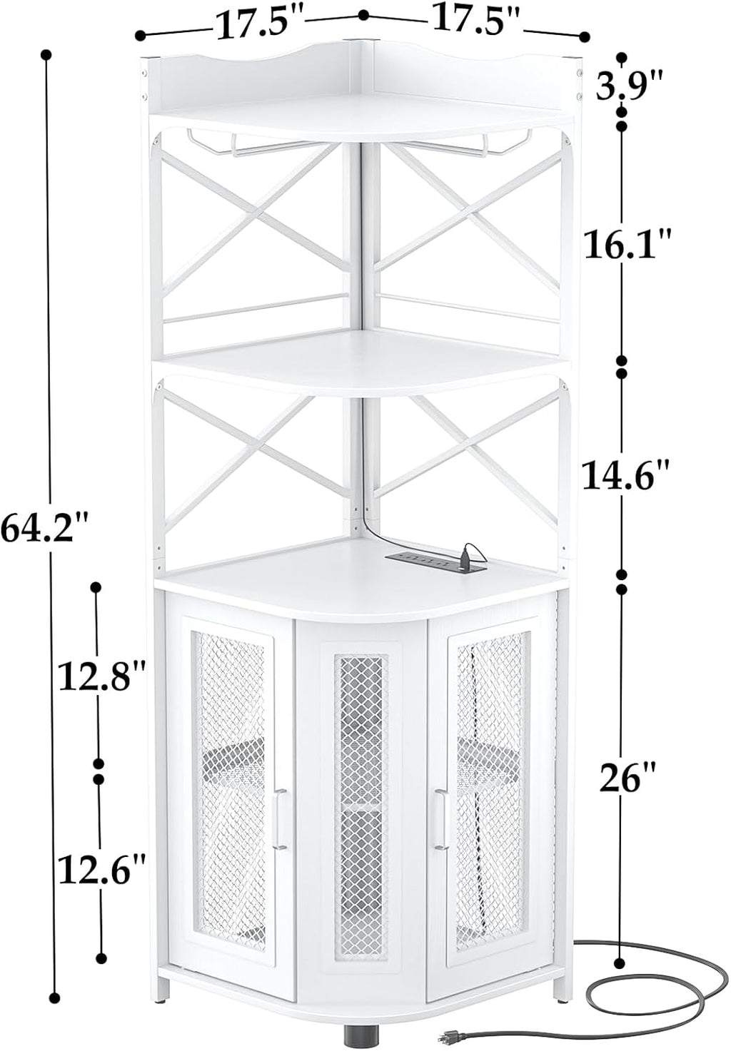 Aheaplus Corner Bar Cabinet with Power Outlet, Industrial Wine Cabinet with LED Strip and Glass Holder, 5-Tiers Liquor Cabinet Bar Unit for Home, Corner Display Cabinet for Small Space, White Oak wourant