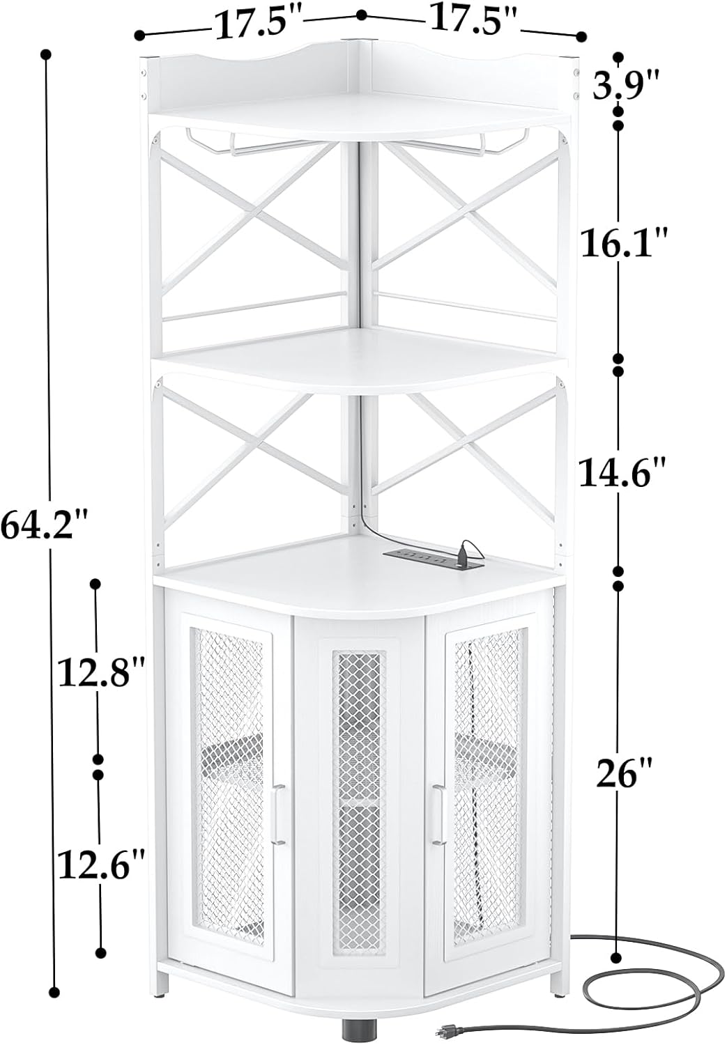 Aheaplus Corner Bar Cabinet with Power Outlet, Industrial Wine Cabinet with LED Strip and Glass Holder, 5-Tiers Liquor Cabinet Bar Unit for Home, Corner Display Cabinet for Small Space, White Oak wourant
