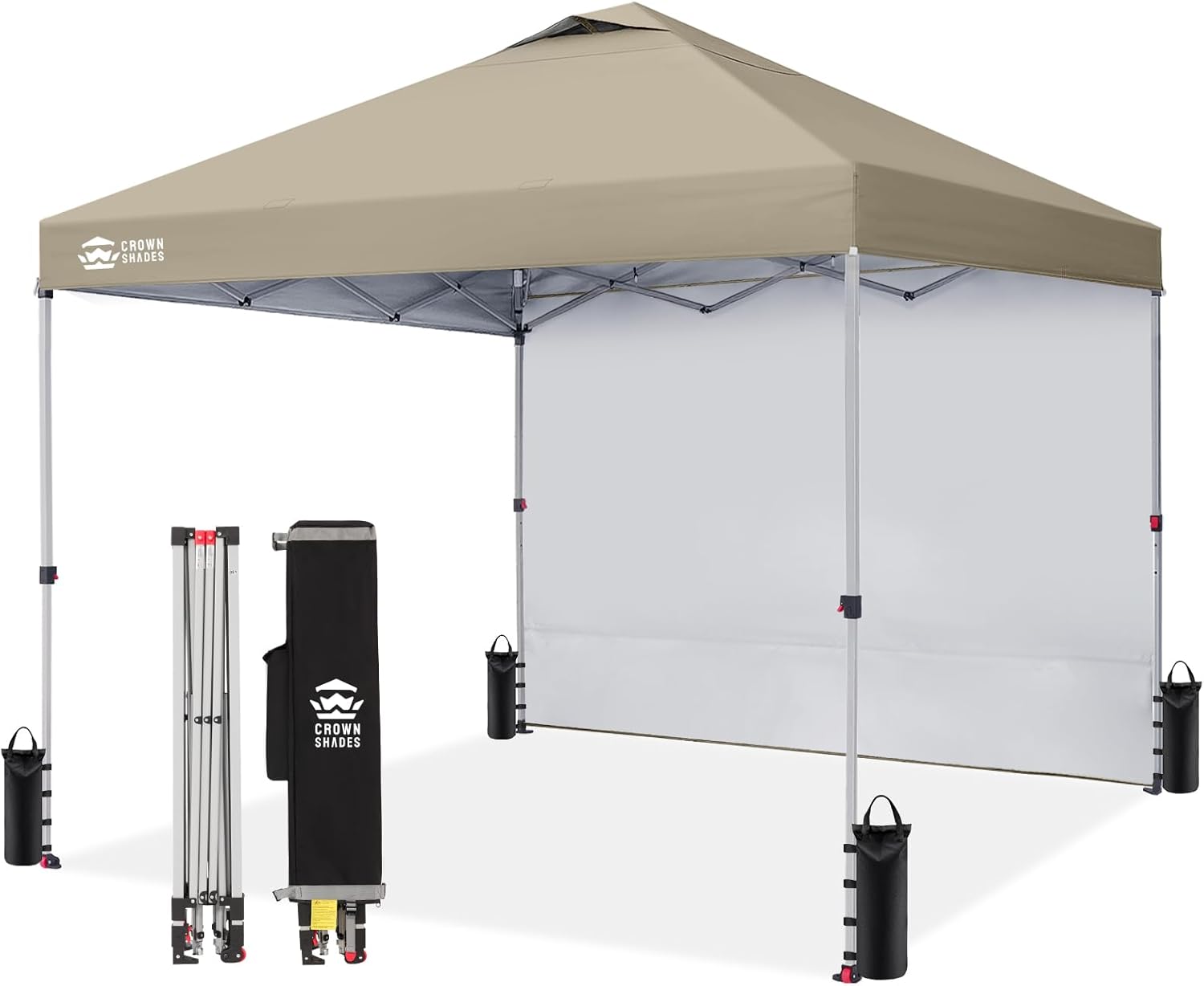CROWN SHADES 10x10 Pop Up Canopy with 1 Side Wall - Beach Tent with One Push Setup - Outdoor Sun Shade for Events, Parties, Camping - Gazebo with STO-N-Go Cover Bag (White) woonhhop