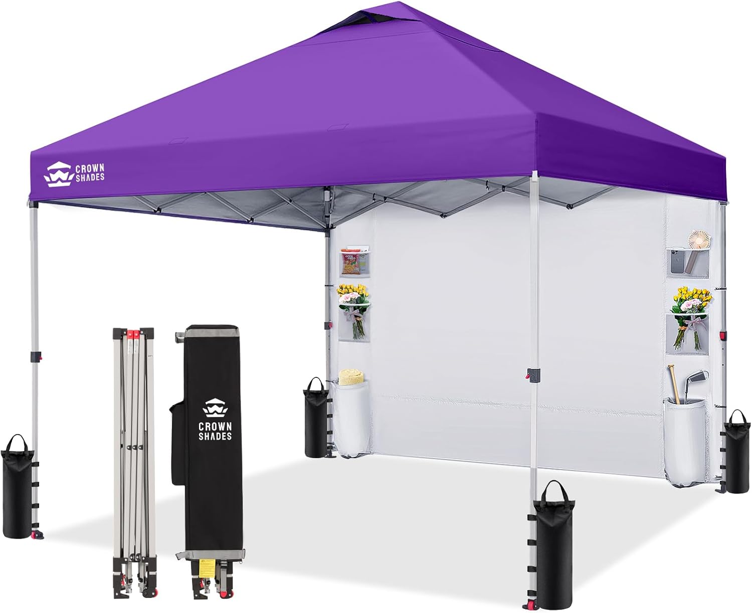 CROWN SHADES Canopy Tent 10x10 Pop Up Canopy Outdoor Shade with Pockets Sidewall, Easy Up Sun Shelter with One Person Set Up Center Lock, Portable Instant Camping Beach Canopy Tents, Purple woonhhop