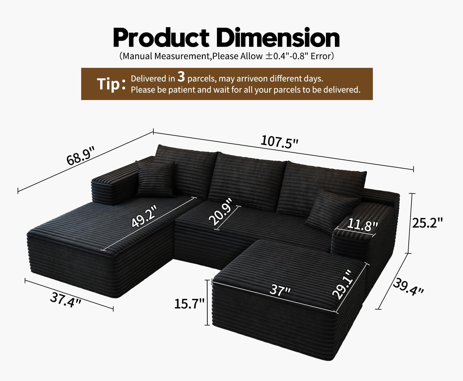 107.5" Cloud Modular Sectional Sofa Couch with L-Shape Chaise,Modern Minimalist Upholstered Couches wourant