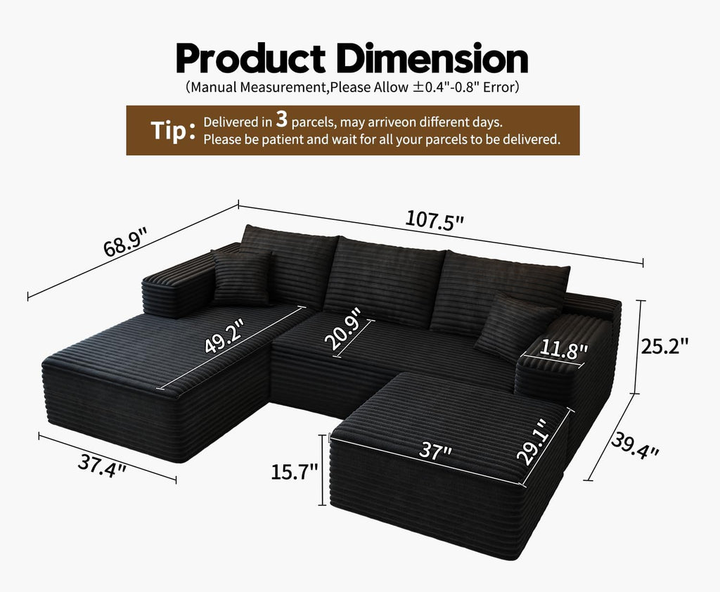 107.5 inch Cloud Modular Sectional Sofa with L-Shaped Chaise Lounge, Modern Minimalist Upholstered Sofa Deep Seating Corner Sofa wourant