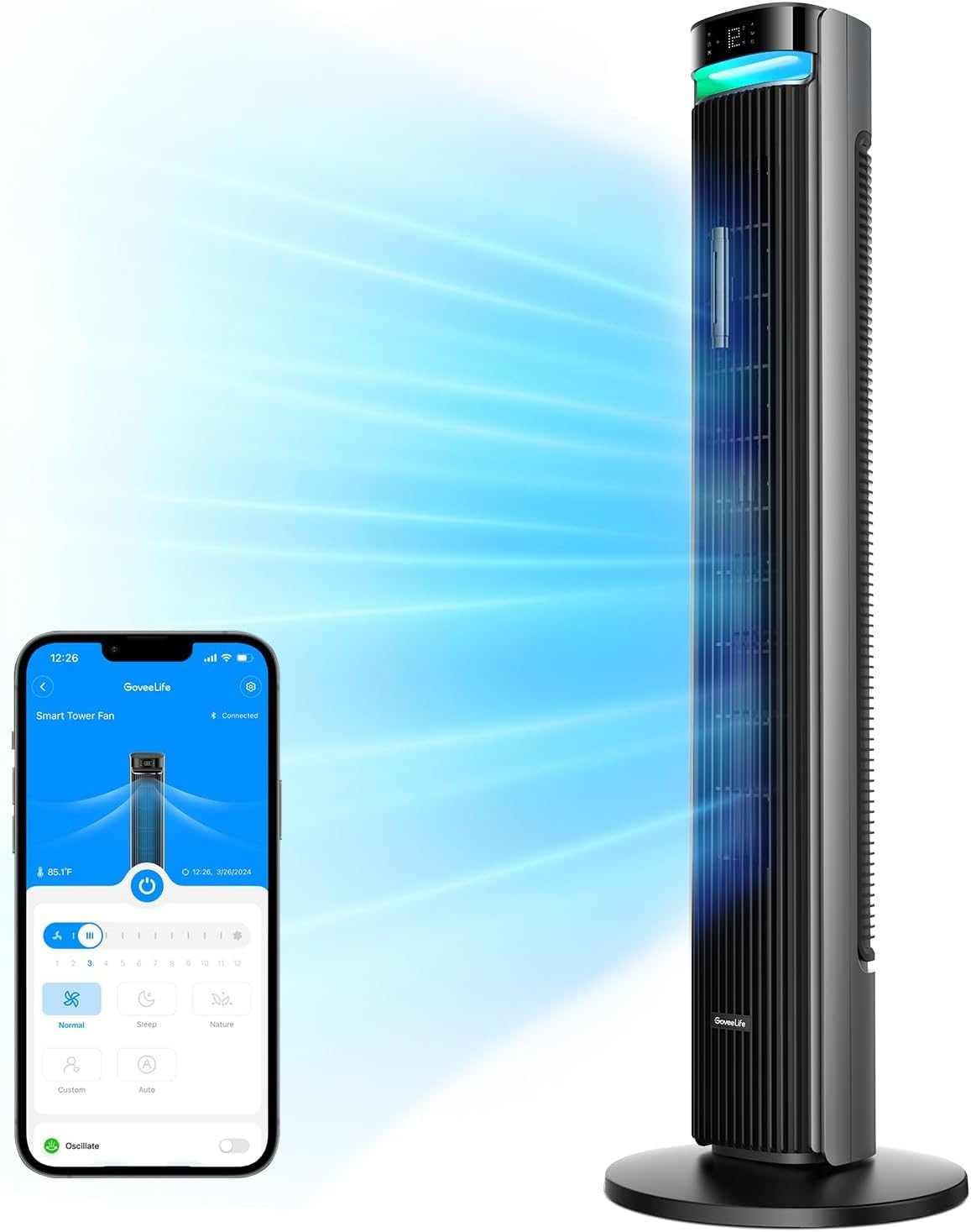 GoveeLife 42'' Tower Fan for Bedroom, Smart Floor Fans with 150° Adjustable Oscillating, APP & Voice Control, 5 Modes 12 Speeds up to 26ft/s, 24H Timer, 27dB Quiet Fan for Cooling Home Office Silver woonhhop
