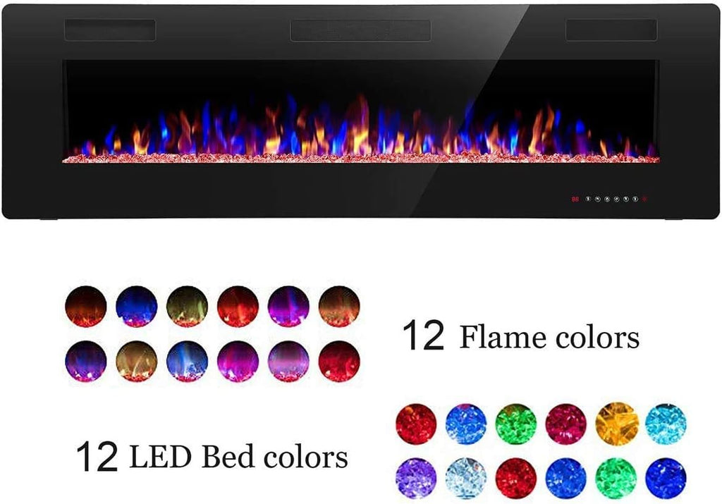 R.W.FLAME 60" Recessed and Wall Mounted Electric Fireplace, Low Noise, Fit for 2 x 6 Stud, Remote Control with Timer, Touch Screen, Adjustable Flame Color and Speed, 750-1500W wourant