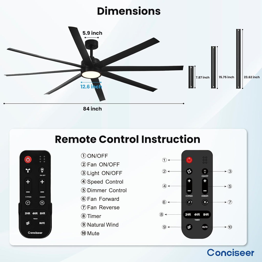 Modern Ceiling Fans with Lights, 72 Inch Ceiling Fan with Light and Remote, Bedroom Living Room Library Cafe Outdoor/Industrial,24W 3CCT Dimmable, 8 Blades 6 Speed Reversible Quiet DC Motor, Black wourant
