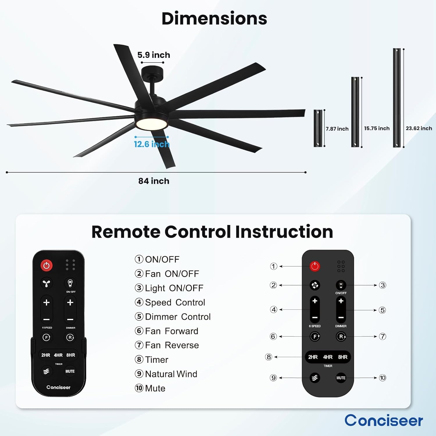 Modern Ceiling Fans with Lights, 72 Inch Ceiling Fan with Light and Remote, Bedroom Living Room Library Cafe Outdoor/Industrial,24W 3CCT Dimmable, 8 Blades 6 Speed Reversible Quiet DC Motor, Black wourant