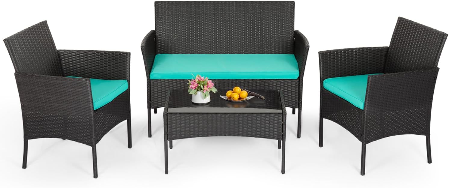 FDW | 4-Piece Patio Furniture Set | Black | Outdoor Wicker Furniture with Coffee Table | Modern Rattan Chairs Conversation Set | Outdoor Seating | Weather-Resistant | for Porch, Garden, Lawn woonhhop