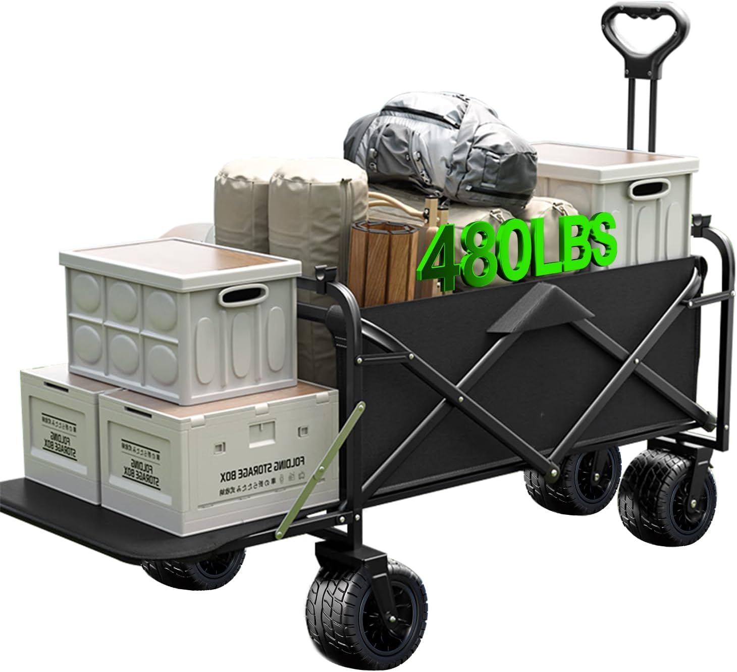 Foldable 4-wheel cart, foldable, 37 inches long, 480 lb capacity, heavy-duty beach cart, shopping cart with wheels wourant