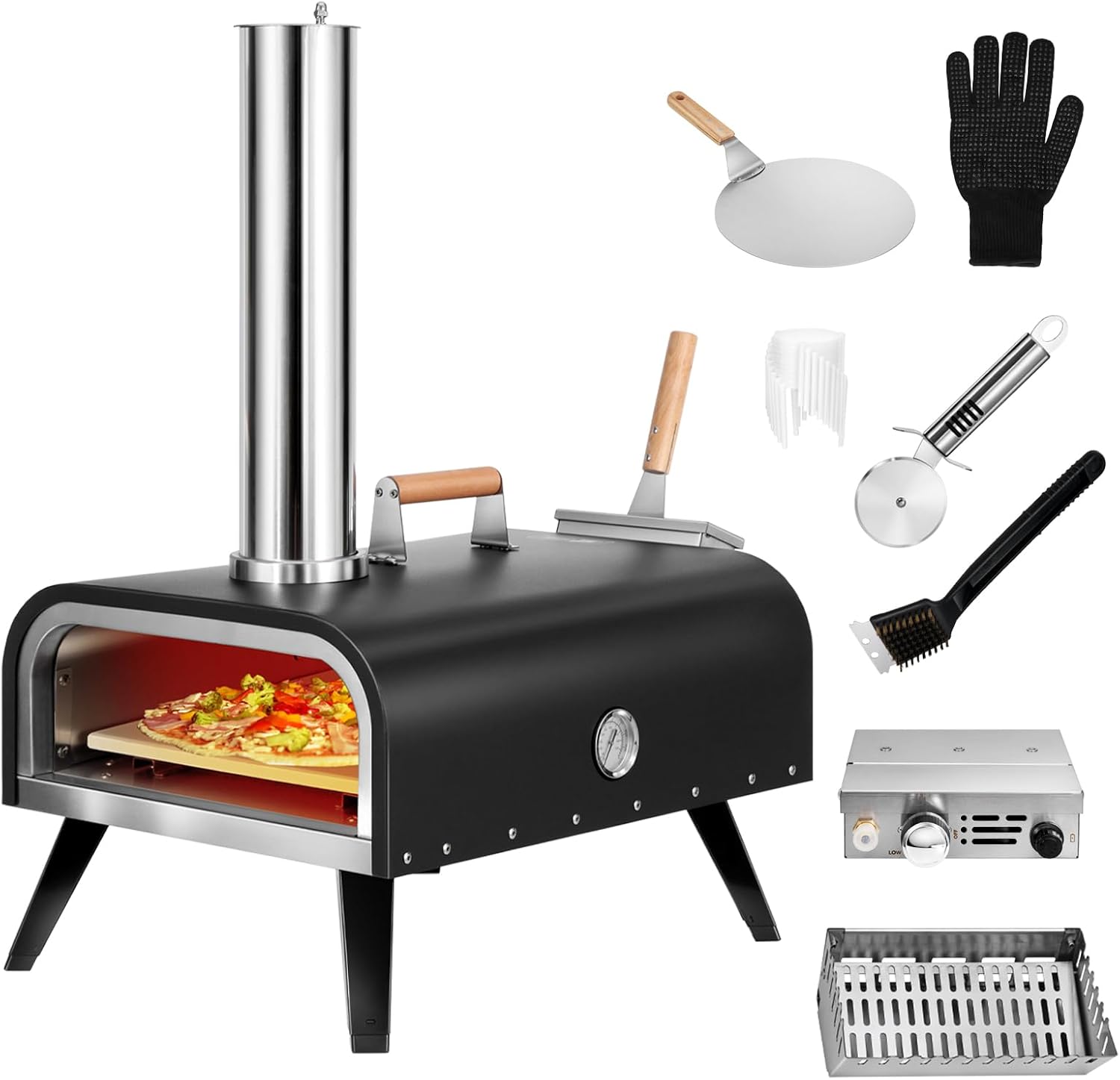 EDOSTORY Outdoor Pizza Oven, Wood Fired for Outside, Patio Maker With Stone, Peel, Grill Rack, and Waterproof Cover for Backyard Camping wourant
