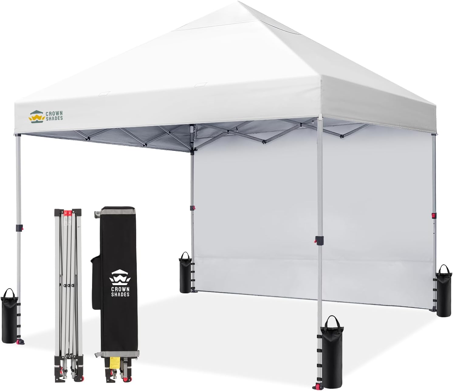 CROWN SHADES 10x10 Pop Up Canopy with 1 Side Wall - Beach Tent with One Push Setup - Outdoor Sun Shade for Events, Parties, Camping - Gazebo with STO-N-Go Cover Bag (White) woonhhop