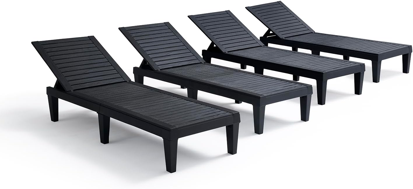 Patio Chairs - Black Chaise Lounge Chair Outdoor 5-Position Adjustable Sun Tanning Chair Waterproof Pool Lounge Chairs Set of 2 Reclining Lawn Chair, Lightweight Outdoor Lounge Chairs wourant