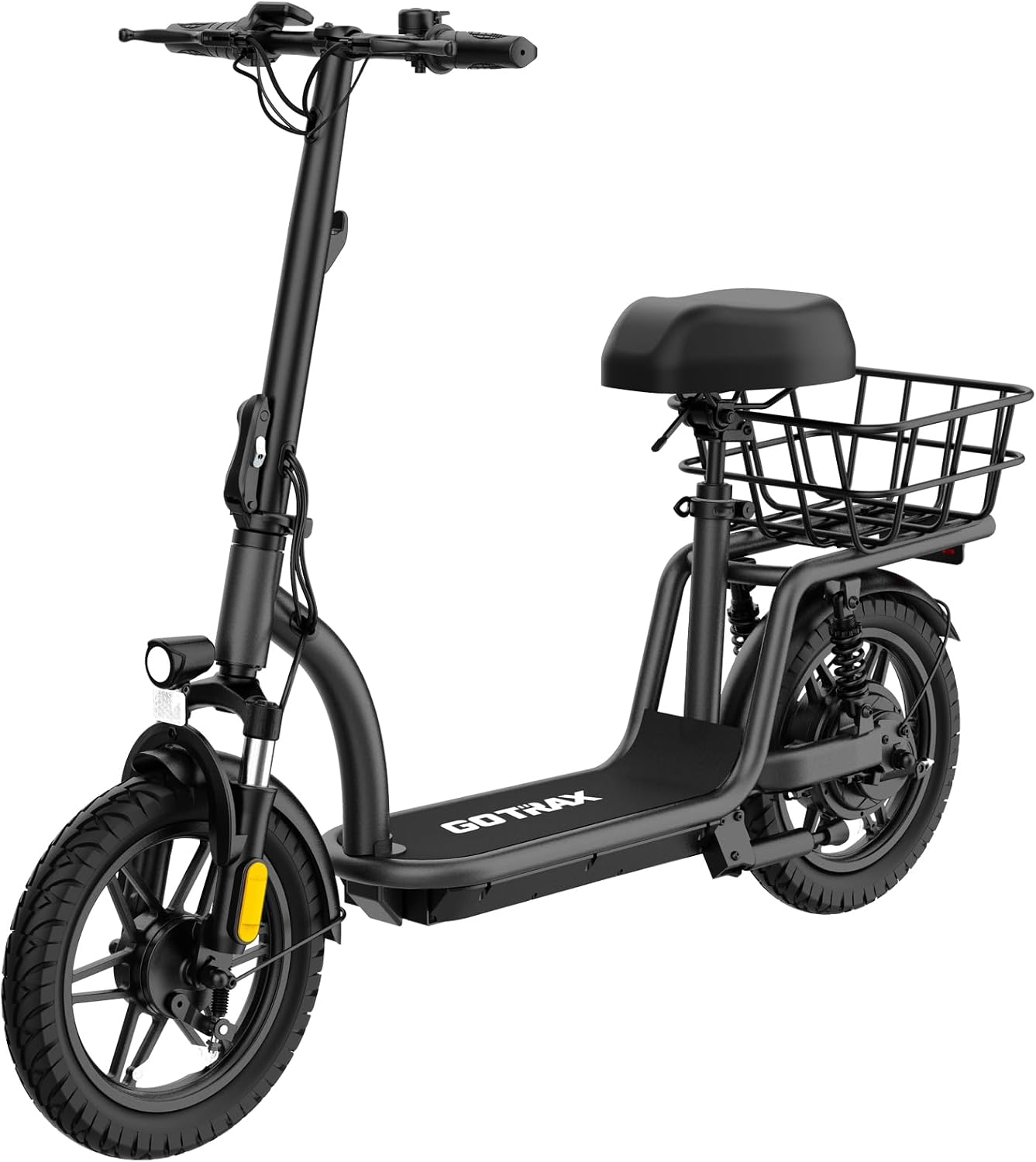 Gotrax adult electric scooter with seat, maximum range of 19-25 miles, all-terrain tires, wide pedals, padded seat, and carrycot wourant