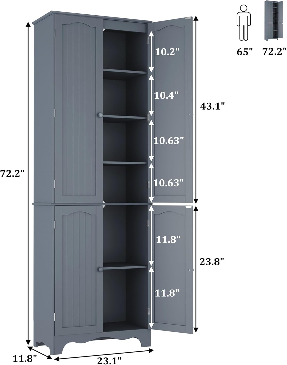 Tall Pantry Cabinet, Freestanding Storage Cabinet, Wooden Kitchen Pantry with 4 Doors and 5 Shelves, 72" Floor Cabinet Organizer wourant