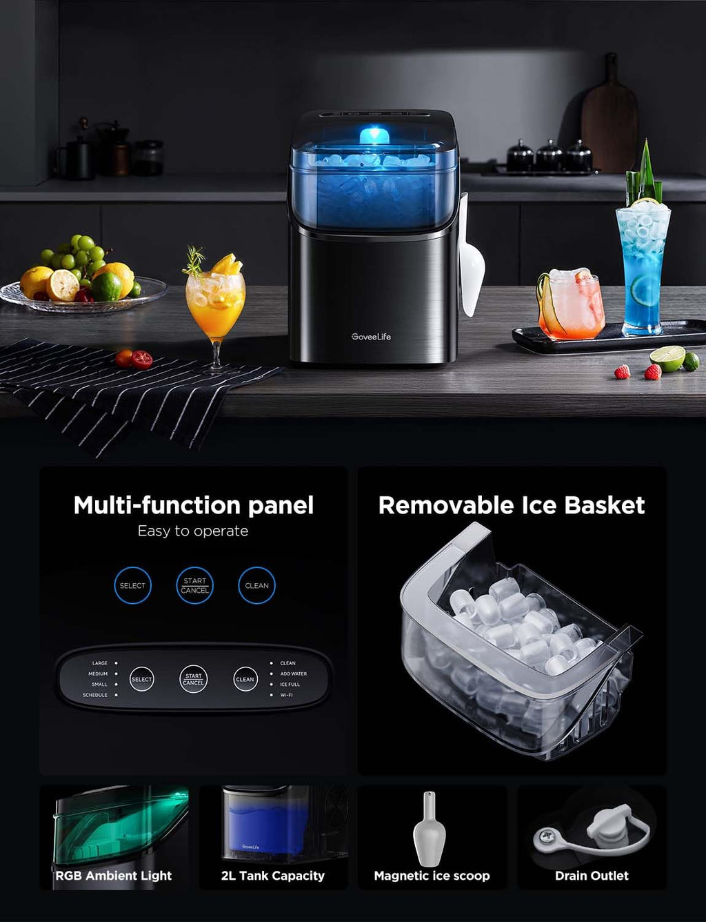 GoveeLife Smart Ice Maker Countertop, Portable Ice Machine with Voice Control, 9 Ice Cubes in 6 Minutes 3 Sizes, 26lbs/24Hrs, Self Cleaning RGB Lights, Quiet Ice Maker with Scoop for Kitchen Silver wourant