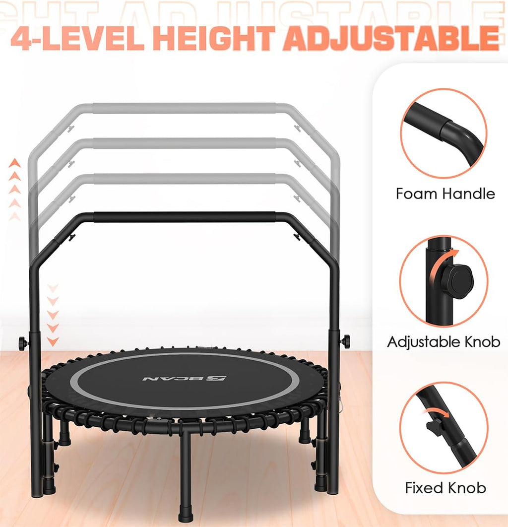BCAN 450/550 LBS Foldable Mini Trampoline, 40"/48" Fitness Trampoline with Bungees, U Shape Adjustable Foam Handle, Stable & Quiet Exercise Rebounder for Adults Indoor/Outdoor Workout wourant
