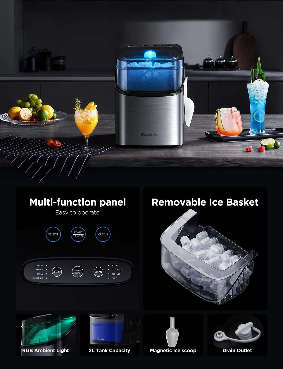 GoveeLife Smart Ice Maker Countertop, Portable Ice Machine with Voice Control, 9 Ice Cubes in 6 Minutes 3 Sizes, 26lbs/24Hrs, Self Cleaning RGB Lights, Quiet Ice Maker with Scoop for Kitchen Silver wourant