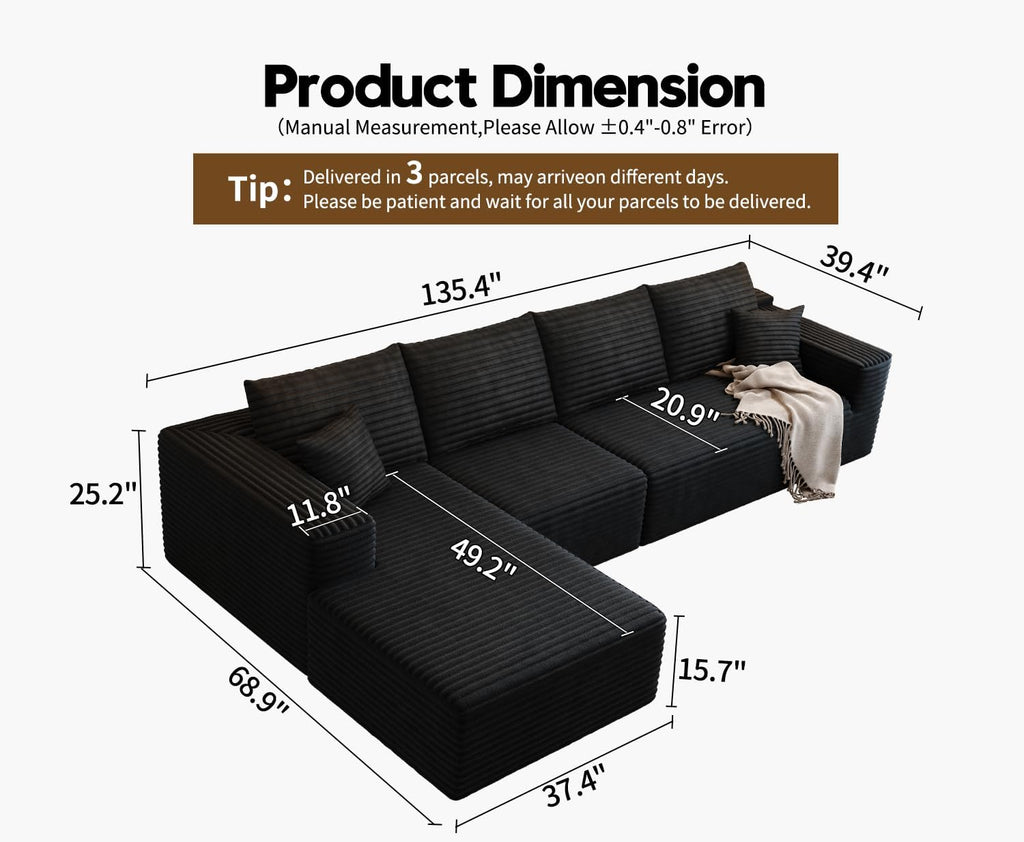 107.5 inch Cloud Modular Sectional Sofa with L-Shaped Chaise Lounge, Modern Minimalist Upholstered Sofa Deep Seating Corner Sofa wourant