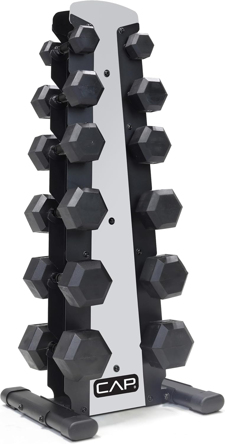 CAP Barbell Rubber Coated Dumbbell Weight Set with Vertical Rack | 100 lb, 150 lb, and 210 lb Options wourant