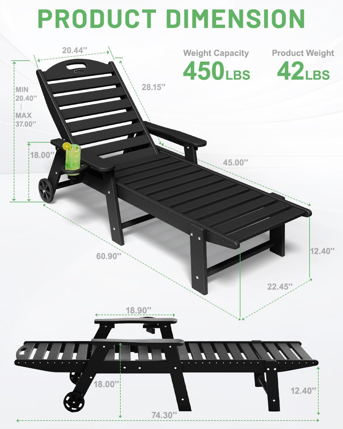 Lounge Chair Outdoor, Chaise Lounge, HDPE 6-Position Outdoor Chaise Lounge, Patio Lounge Chair with Wheels & Cup Holder for Pool Poolside Deck Backyard, Teak wourant
