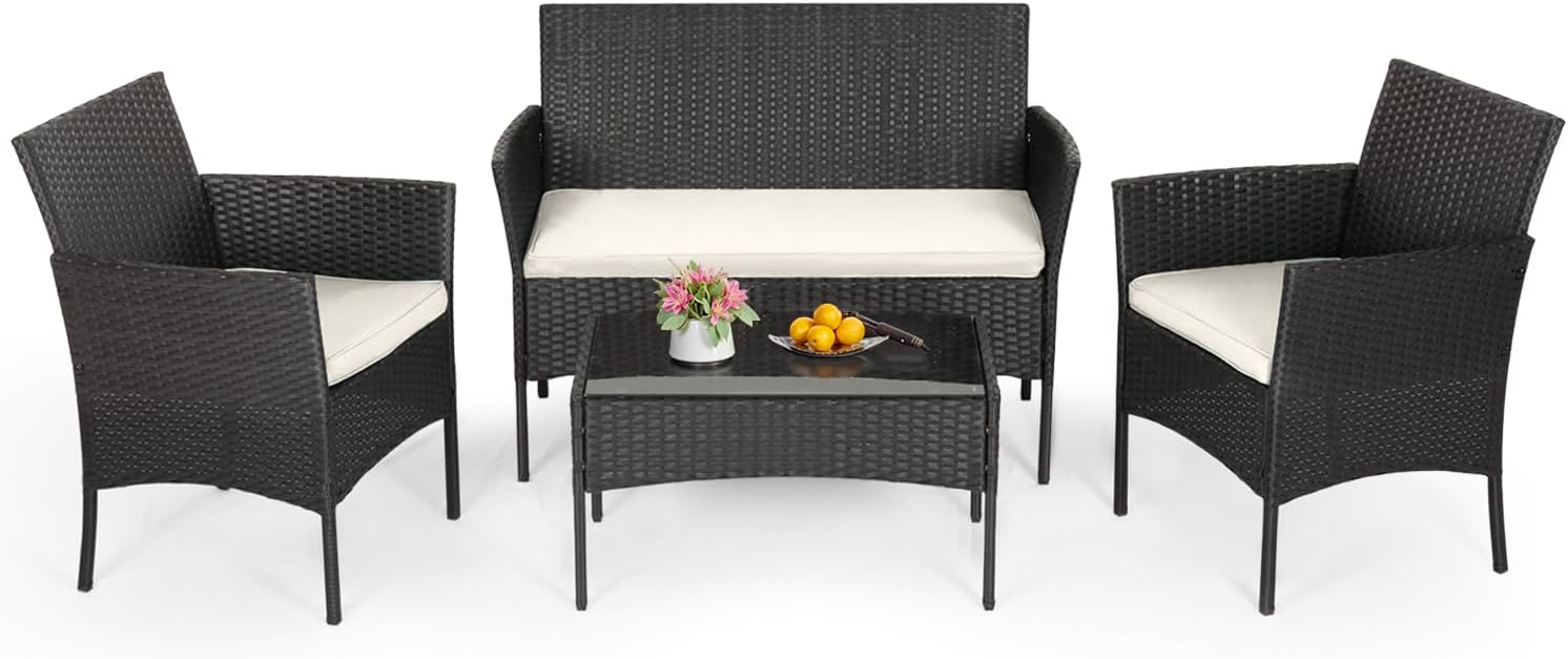 FDW | 4-Piece Patio Furniture Set | Black | Outdoor Wicker Furniture with Coffee Table | Modern Rattan Chairs Conversation Set | Outdoor Seating | Weather-Resistant | for Porch, Garden, Lawn woonhhop