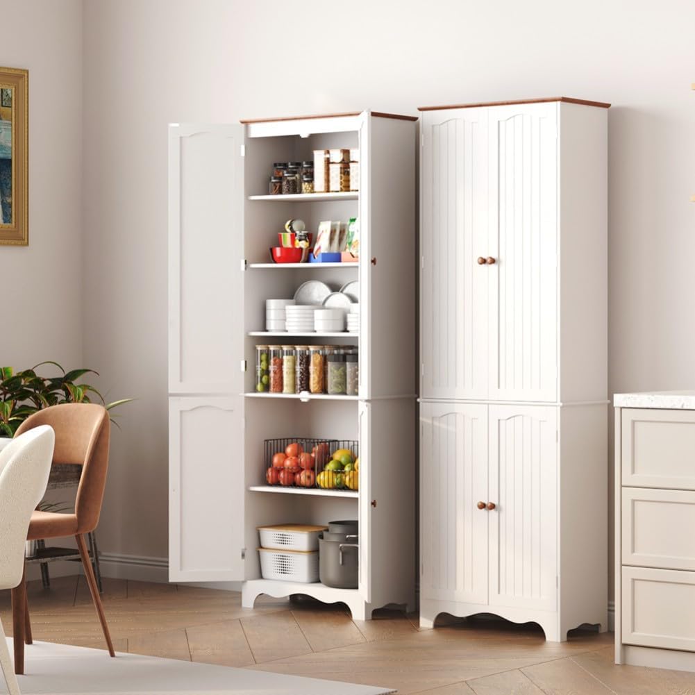 Tall Pantry Cabinet, Freestanding Storage Cabinet, Wooden Kitchen Pantry with 4 Doors and 5 Shelves, 72" Floor Cabinet Organizer wourant