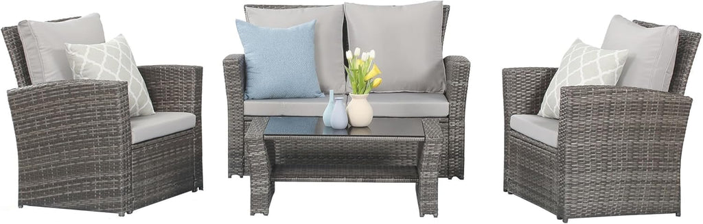 Wisteria Lane 4 Piece Patio Furniture Set, Wicker Outdoor Patio Conversation Furniture Set, All Weather Outdoor Patio Sofa with Cushion and Glass Table, Navy Blue woonhhop