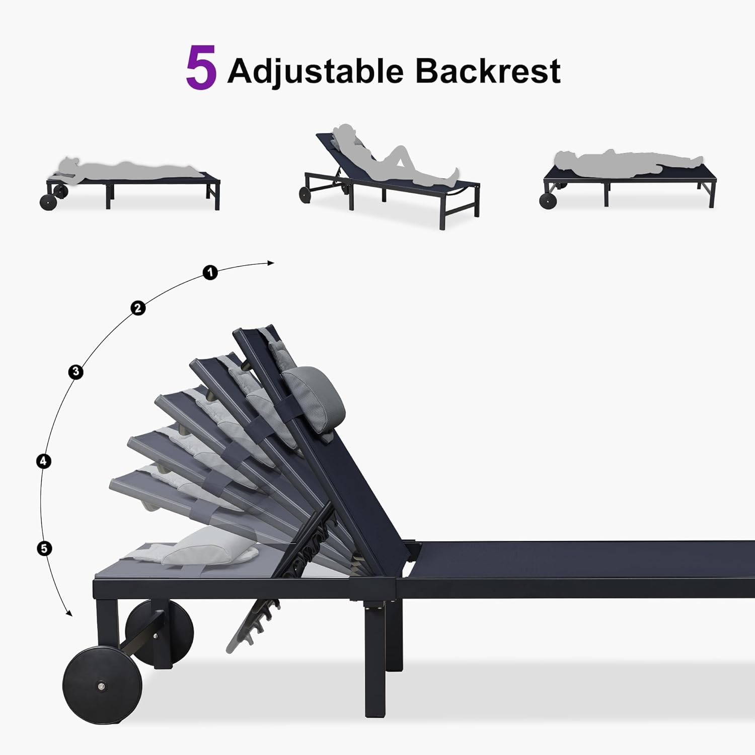 PURPLE LEAF Patio Tanning Lounge Chair Set with Face Down Hole Outdoor Aluminum Adjustable Reclining Chairs Wheels Pillows and Table for Poolside Beach Sunbathing Lounger, Beige wourant